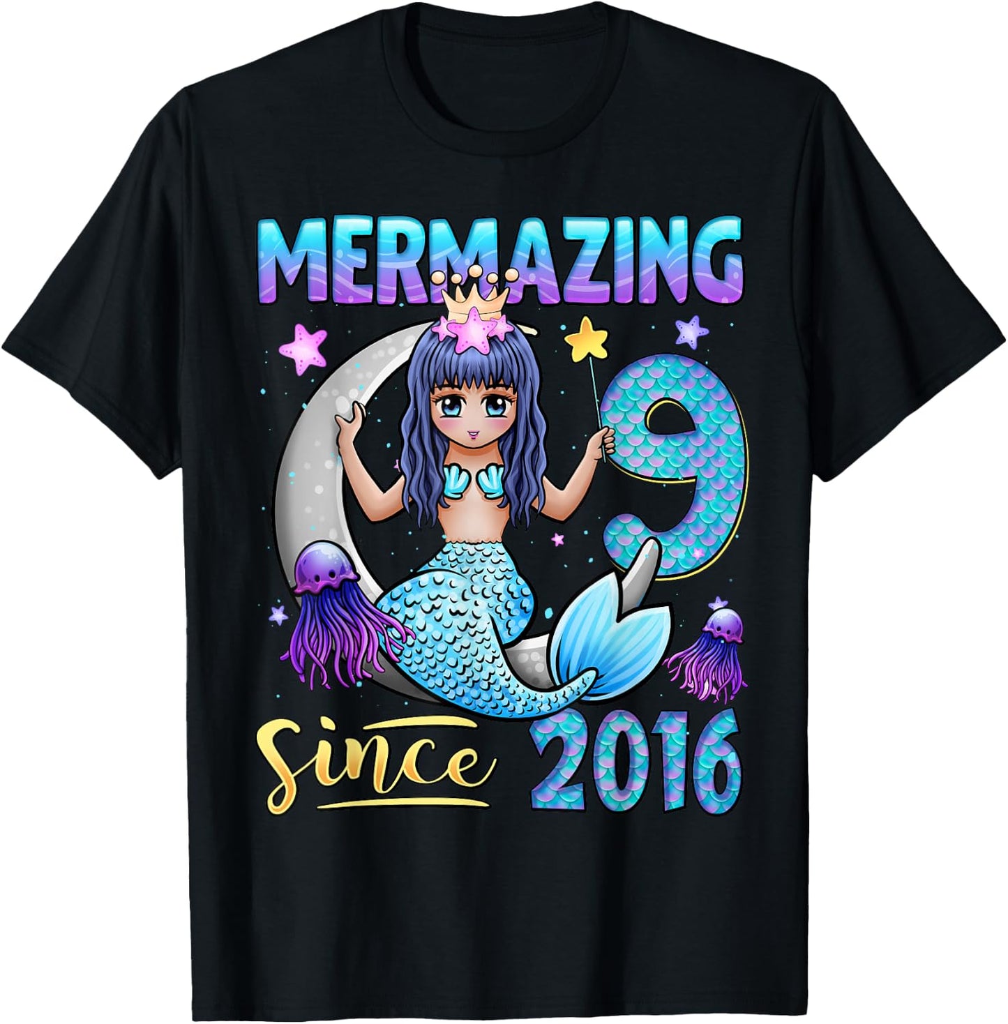 Mermaid Birthday Shirt 9 Years Old Mermaid 9th Birthday Girl T-Shirt - T-Shirt | Black