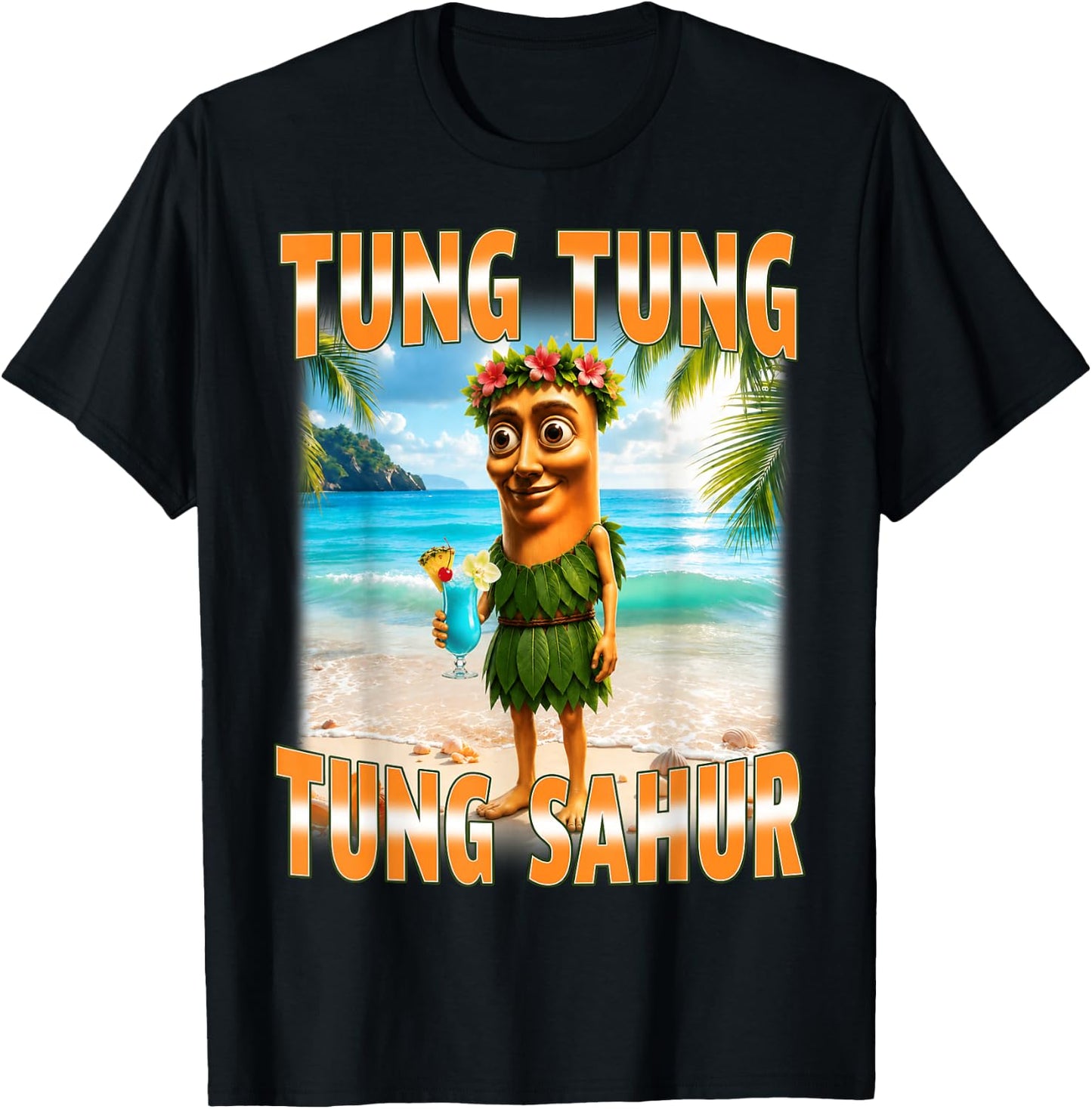 Tung Tung Tung Sahur Summer Hawaii Funny Meme T-Shirt - T-Shirt | Black