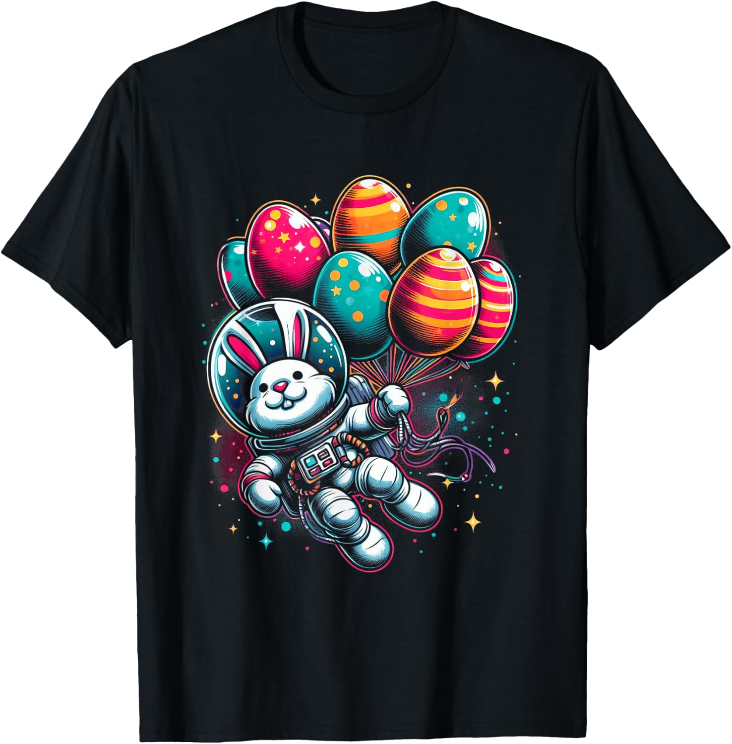 Easter Bunny Astronaut with Egg Balloons - Easter Space T-Shirt - T-Shirt | Black