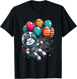 Easter Bunny Astronaut with Egg Balloons - Easter Space T-Shirt - T-Shirt | Black