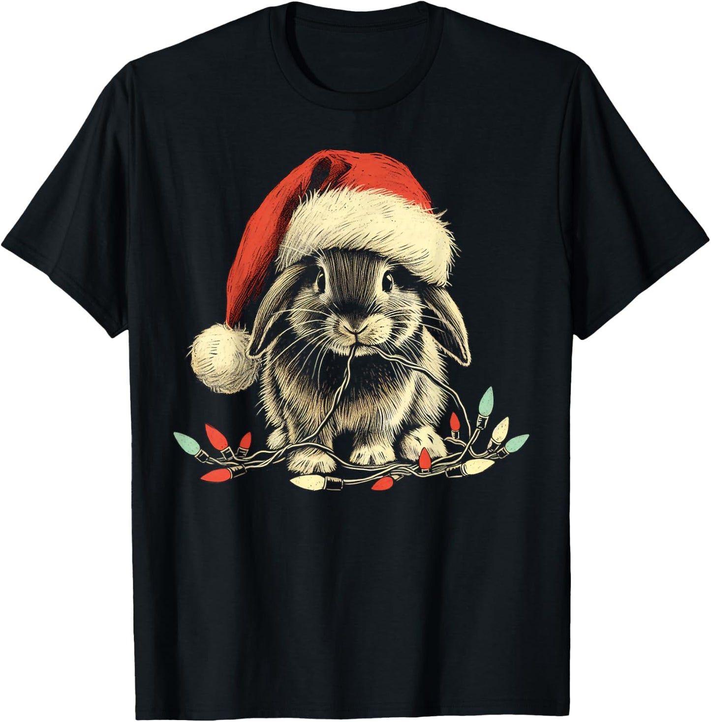 Holland Lop Rabbit Bunny Chew Christmas Light Xmas Holiday T-Shirt - T-Shirt | Black