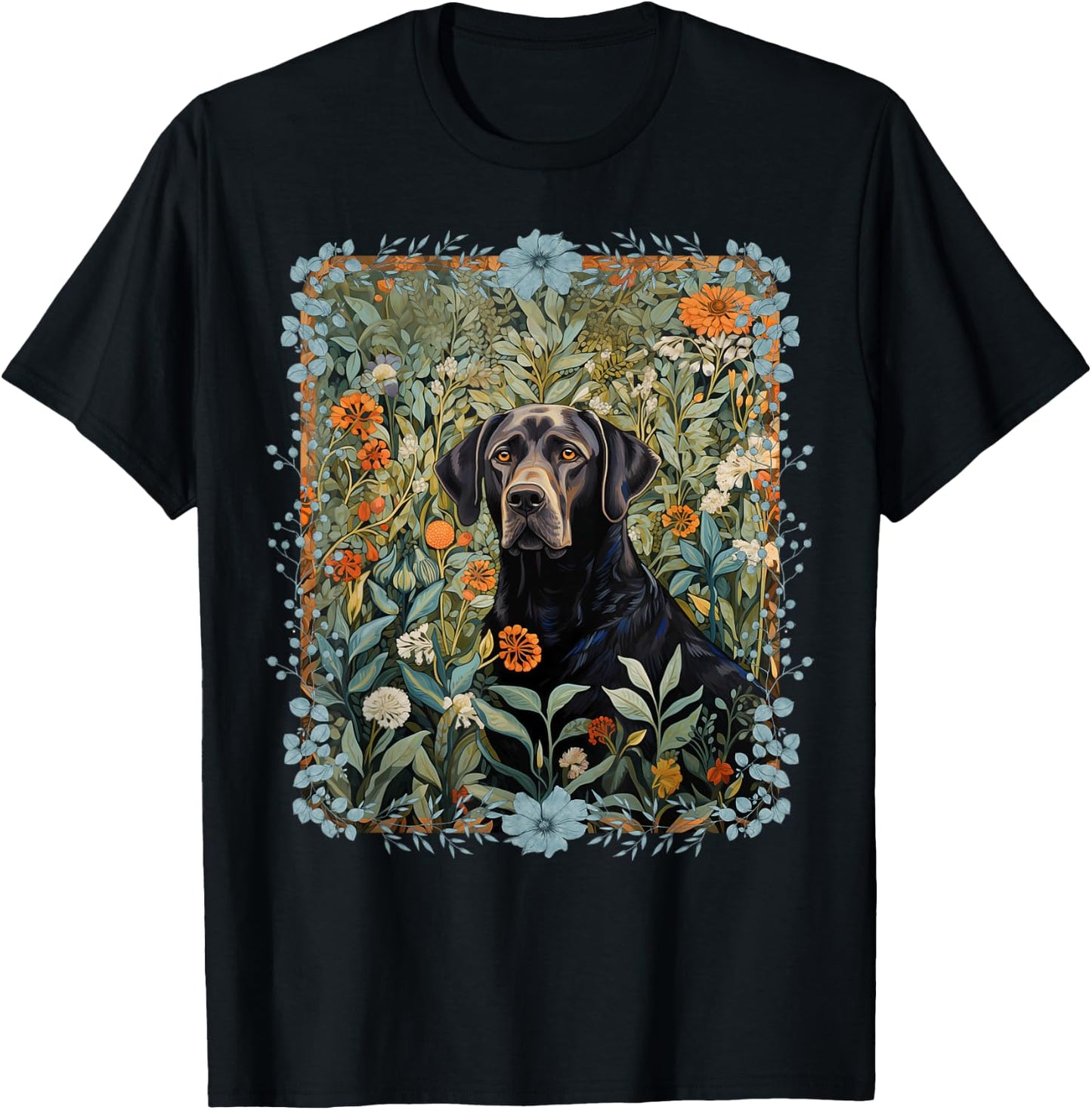 Black Labrador Retriever in William Morris Style Garden T-Shirt - T-Shirt | Black