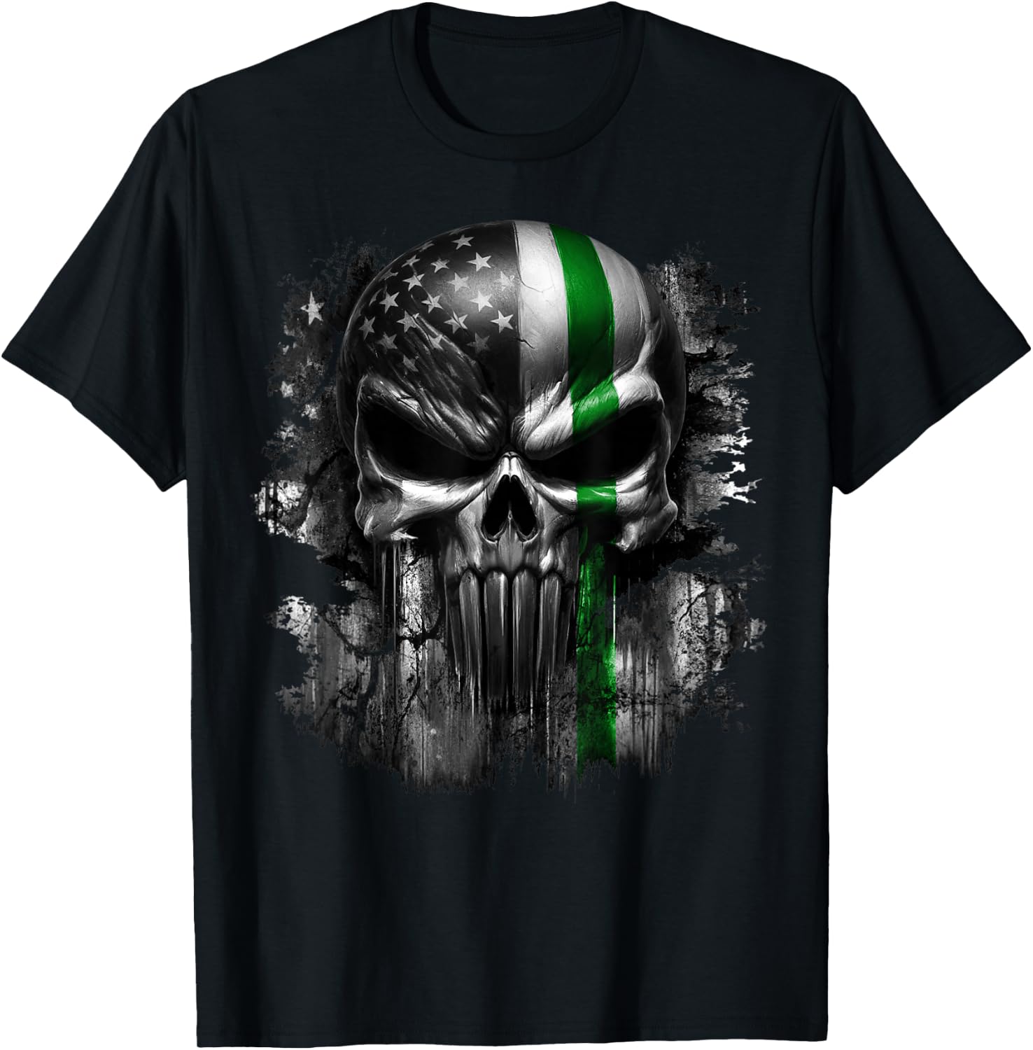 USA American Skull Patriotic Line Flag Grunge Graphic T-Shirt - T-Shirt | Black