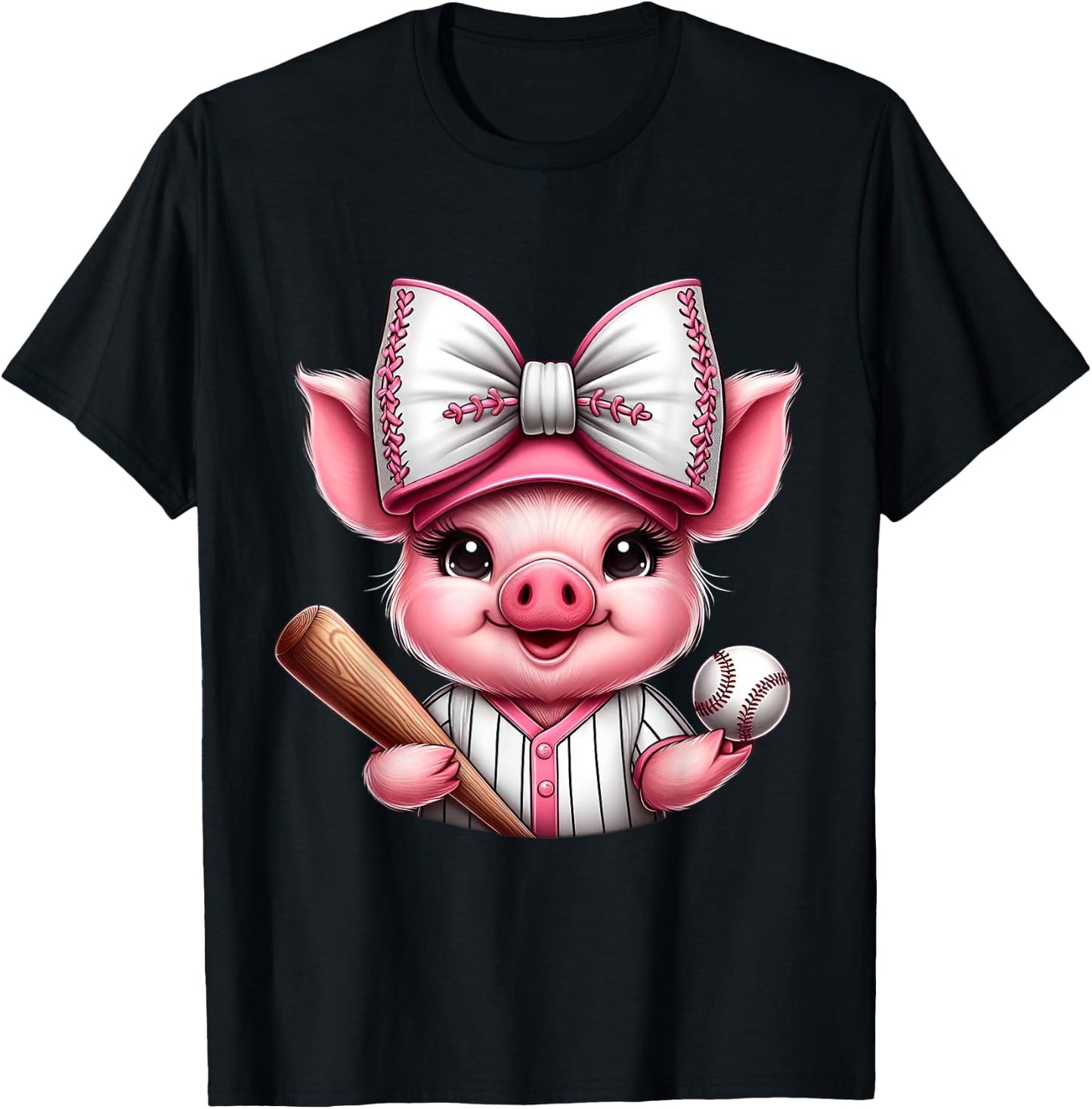 Cute Pig Baseball Coquette Bow Pig Baseball Player T-Shirt - T-Shirt | Black