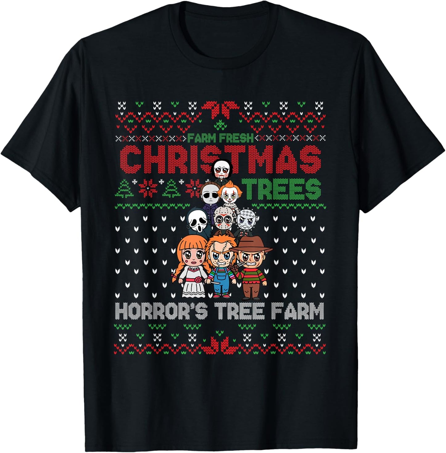 Christmas Trees Horror's Tree Farm, Scary Characters Xmas T-Shirt - T-Shirt | Black