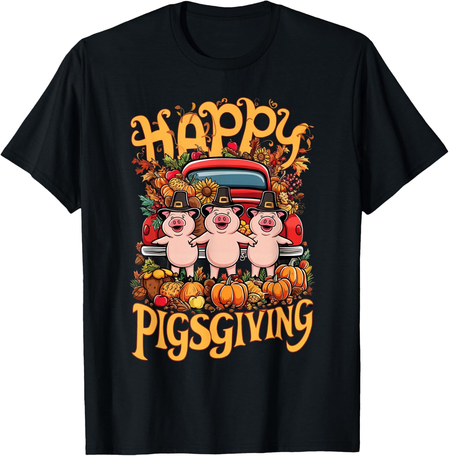 Happy Pigsgiving Pigs Pumpkins Fall Thanksgiving T-Shirt - T-Shirt | Black