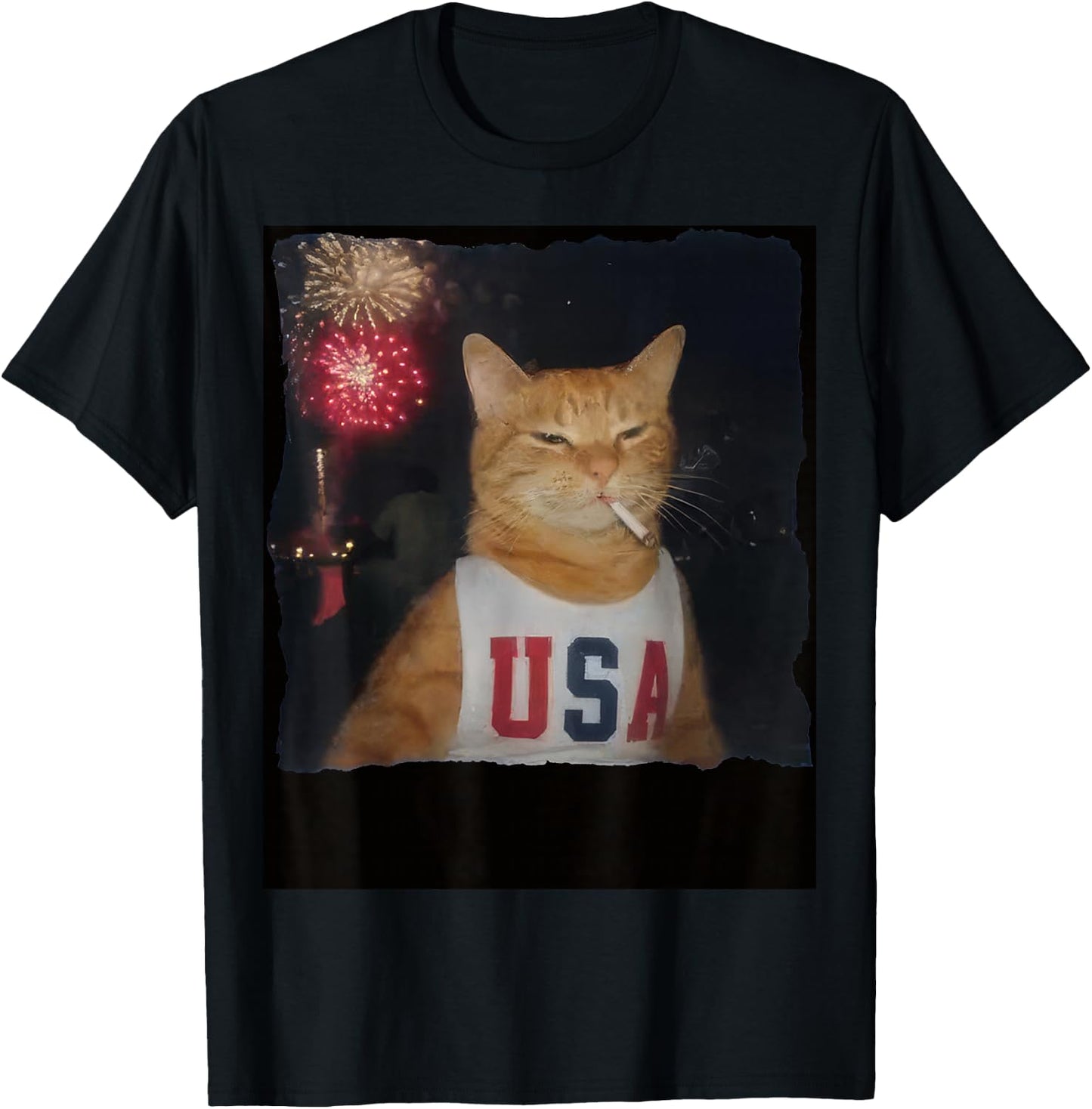 Funny Patriotic Orange Cat Fireworks 4th of July USA Flag T-Shirt - T-Shirt | Black