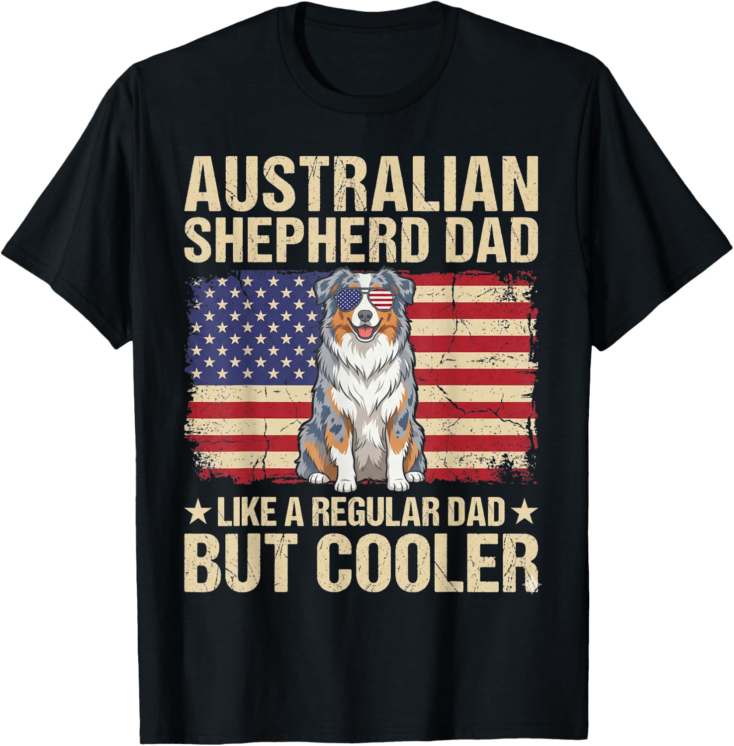 Vintage USA Flag Australian Shepherd Dad Fathers Day Men T-Shirt - T-Shirt | Black