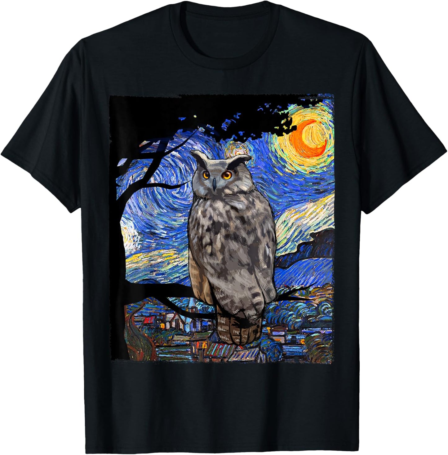Owl Lover, Bird Lover Art, Owl Starry Night, Owl T-Shirt - T-Shirt | Black