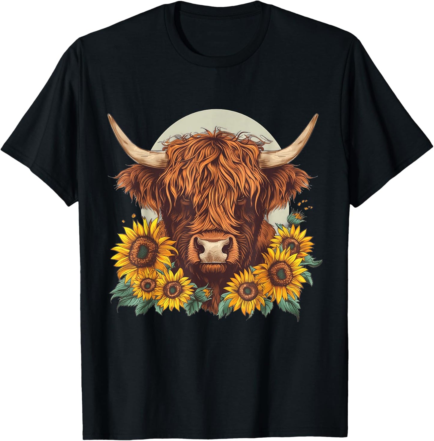 Highland Cow Sunflower Floral Farmer Farm Animal Vintage T-Shirt - T-Shirt | Black