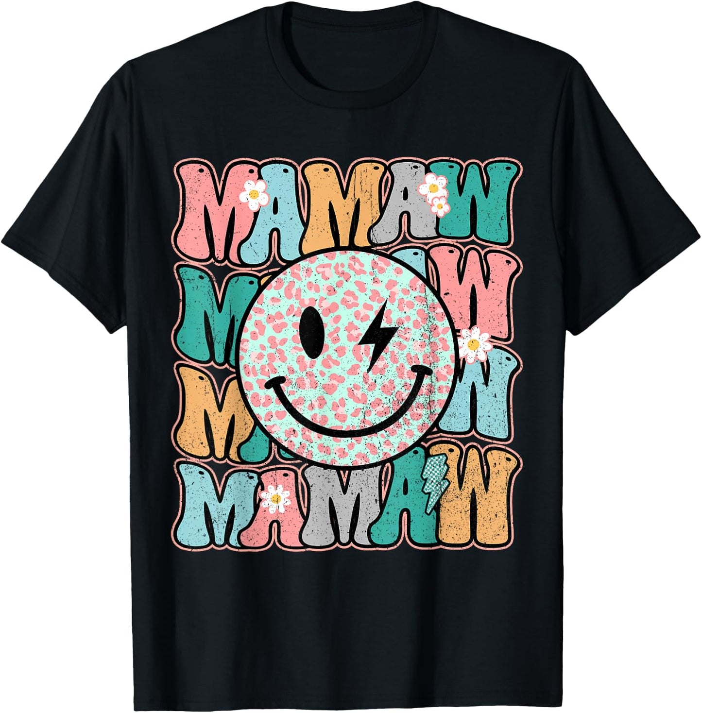Groovy Mamaw Leopard Smile Face Grandma Life Mother's Day T-Shirt - T-Shirt | Black