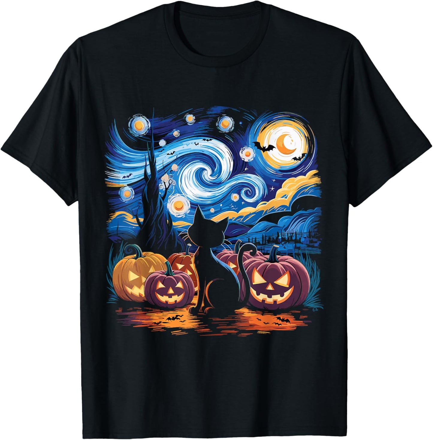 Halloween Van Gogh Starry Night Black Cat Pumpkin Shirt Men Women Kids T-Shirt - T-Shirt | Black