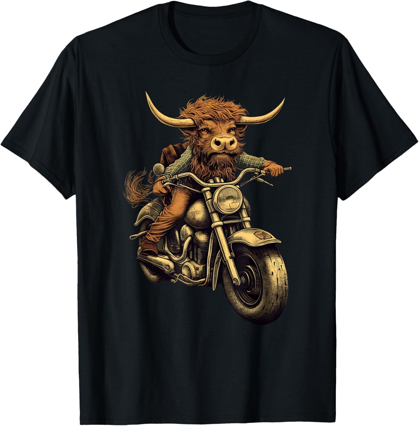 Scottish Highland Cow Cattle Hairy Cow Rides motorcycle men T-Shirt - T-Shirt | Black
