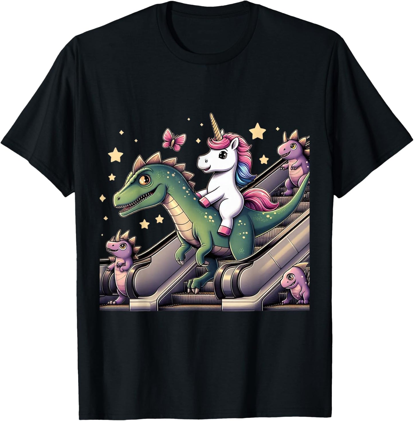 Unicorn Dinosaur Escalator Girls Boys Men Women Kids Rainbow T-Shirt - T-Shirt | Black