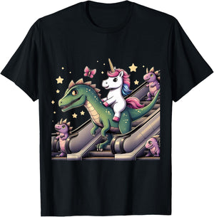Unicorn Dinosaur Escalator Girls Boys Men Women Kids Rainbow T-Shirt - T-Shirt | Black