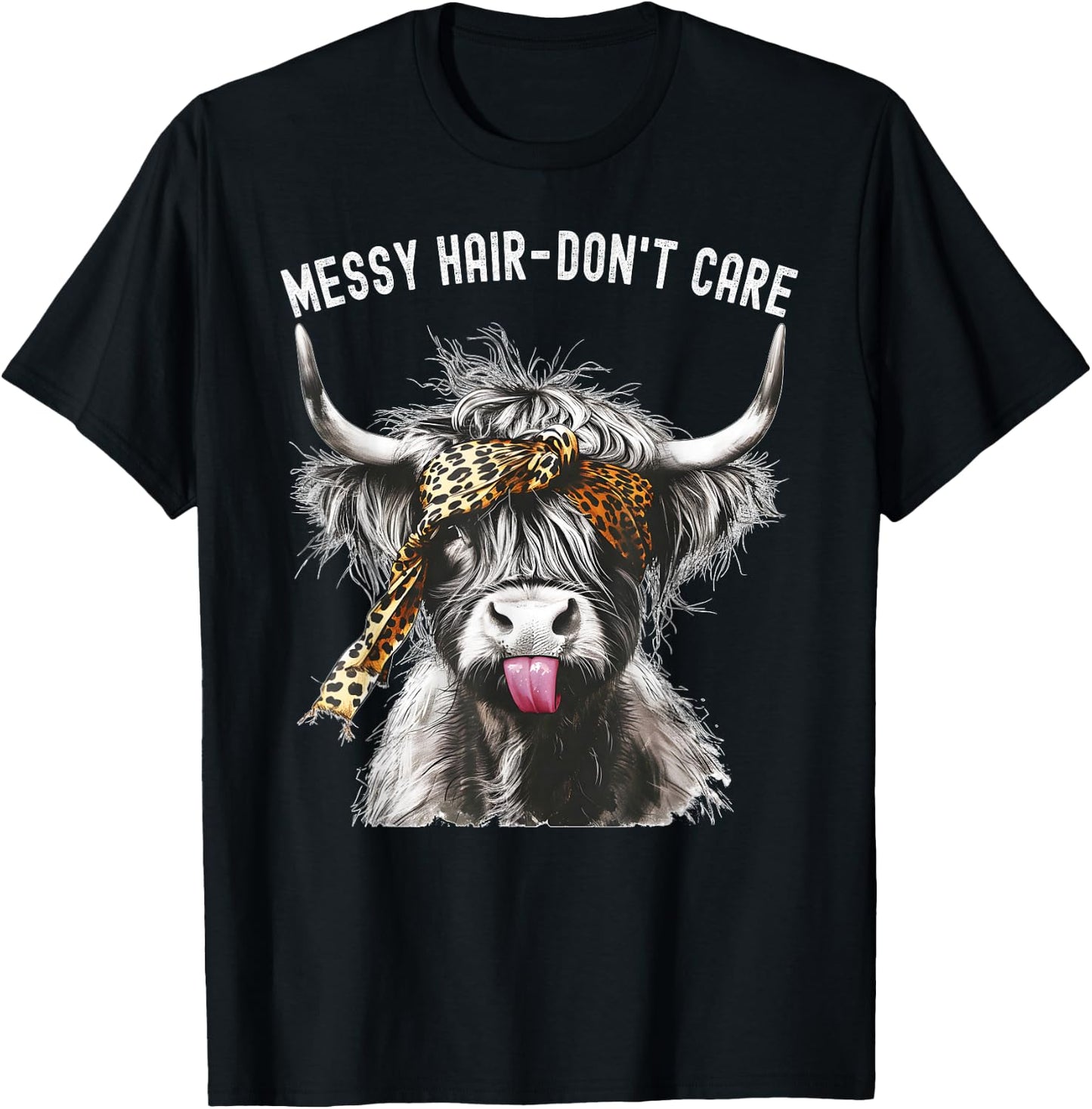 Highland Cow Leopard Print Messy Hair Don't Care Western T-Shirt - T-Shirt | Black