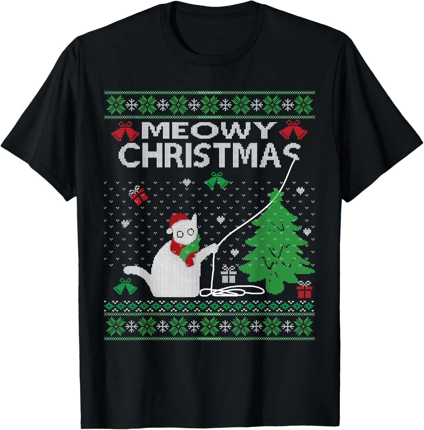 Funny Meowy Christmas Cats Xmas Cute Cat Lover Ugly Sweater Men Women Kids T-Shirt - T-Shirt | Black