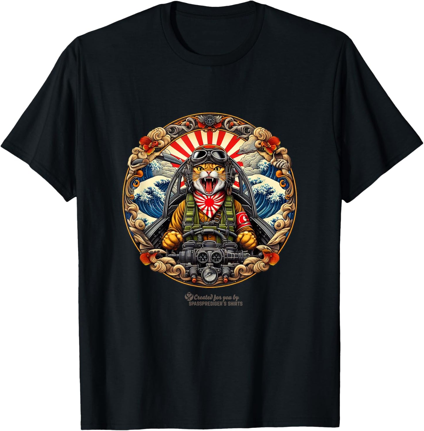 Cat as a Japanese pilot kamikaze cat fighter T-Shirt - T-Shirt | Black
