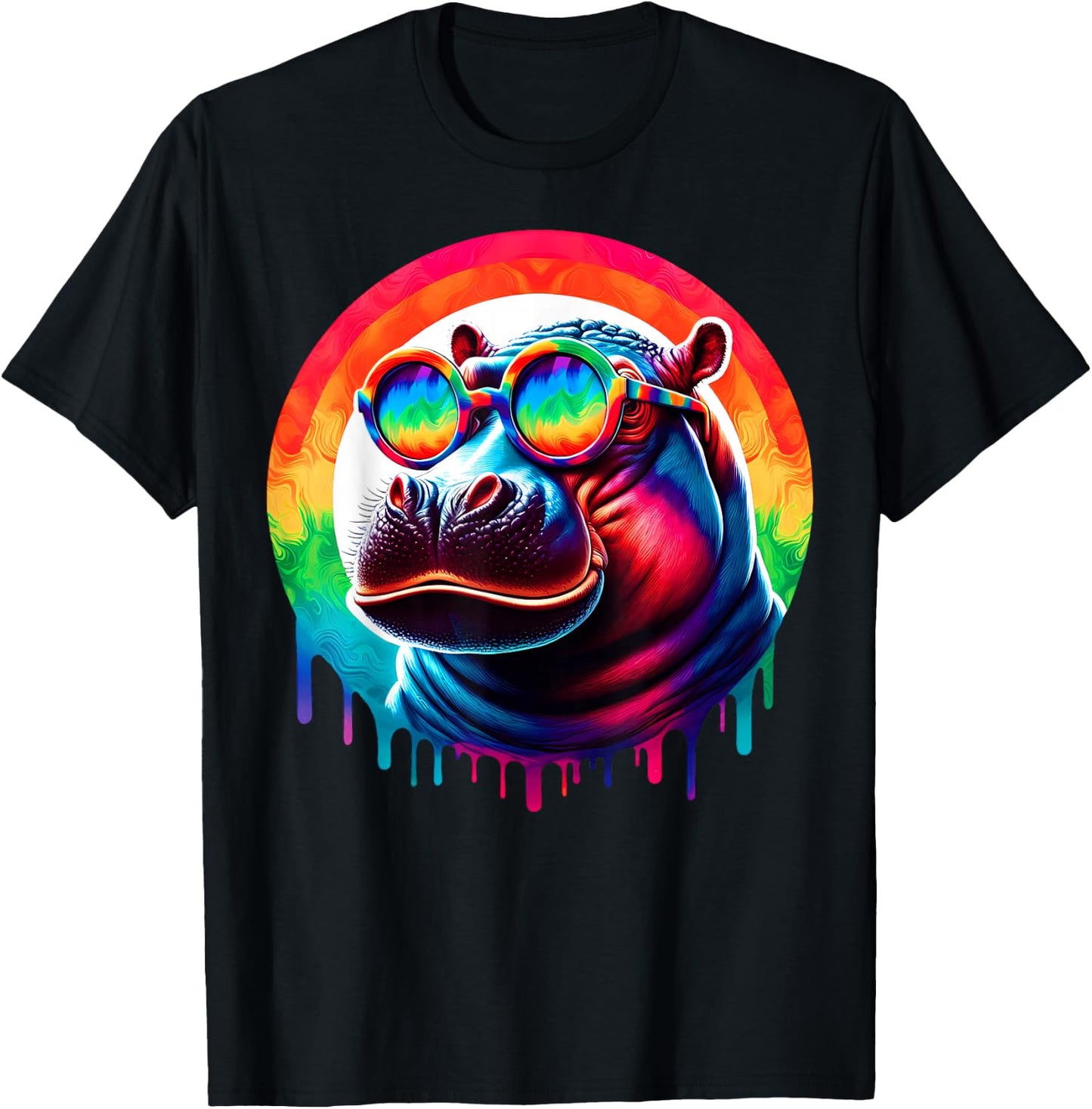 Cool Tie Dye Sunglasses Hippopotamus Hippo Illustration Art T-Shirt - T-Shirt | Black