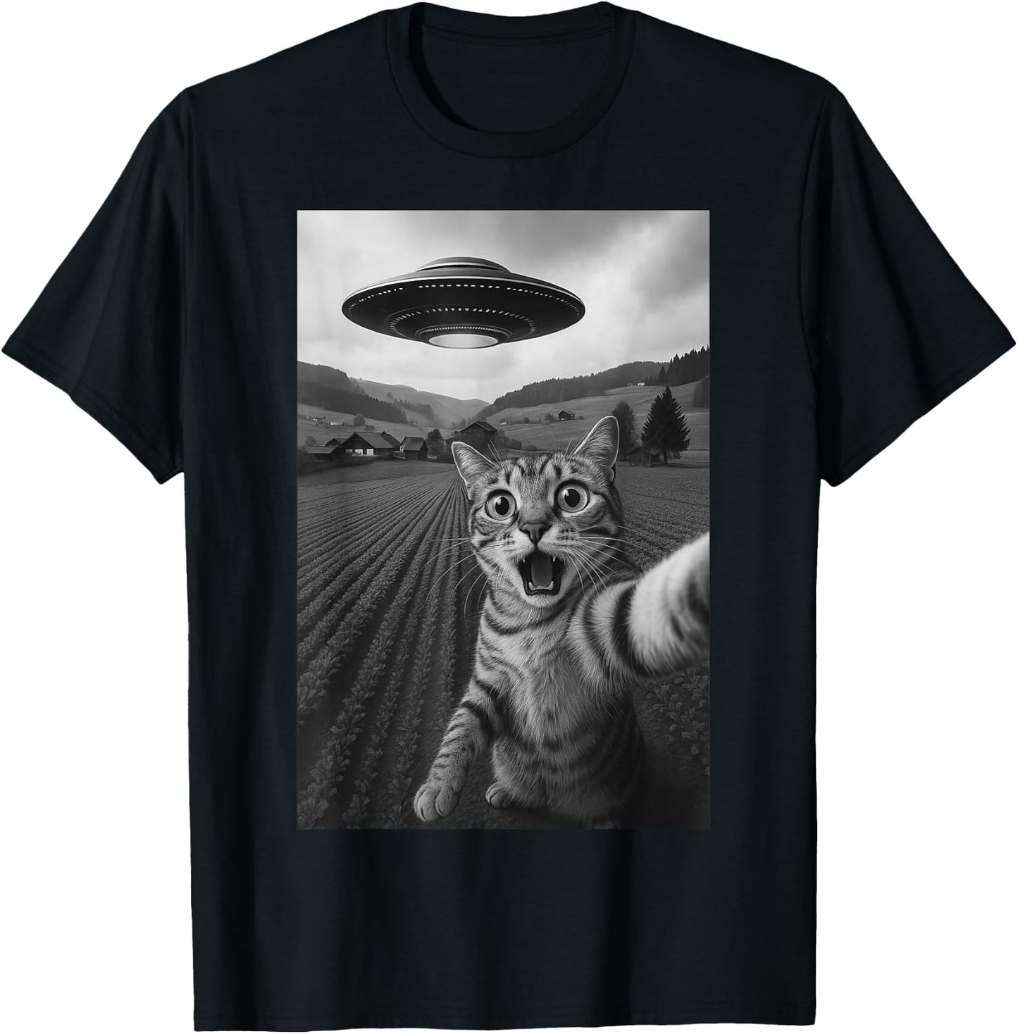 Cat Selfie With Alien UFO Funny Cat For Boys Men Women Kids T-Shirt - T-Shirt | Black