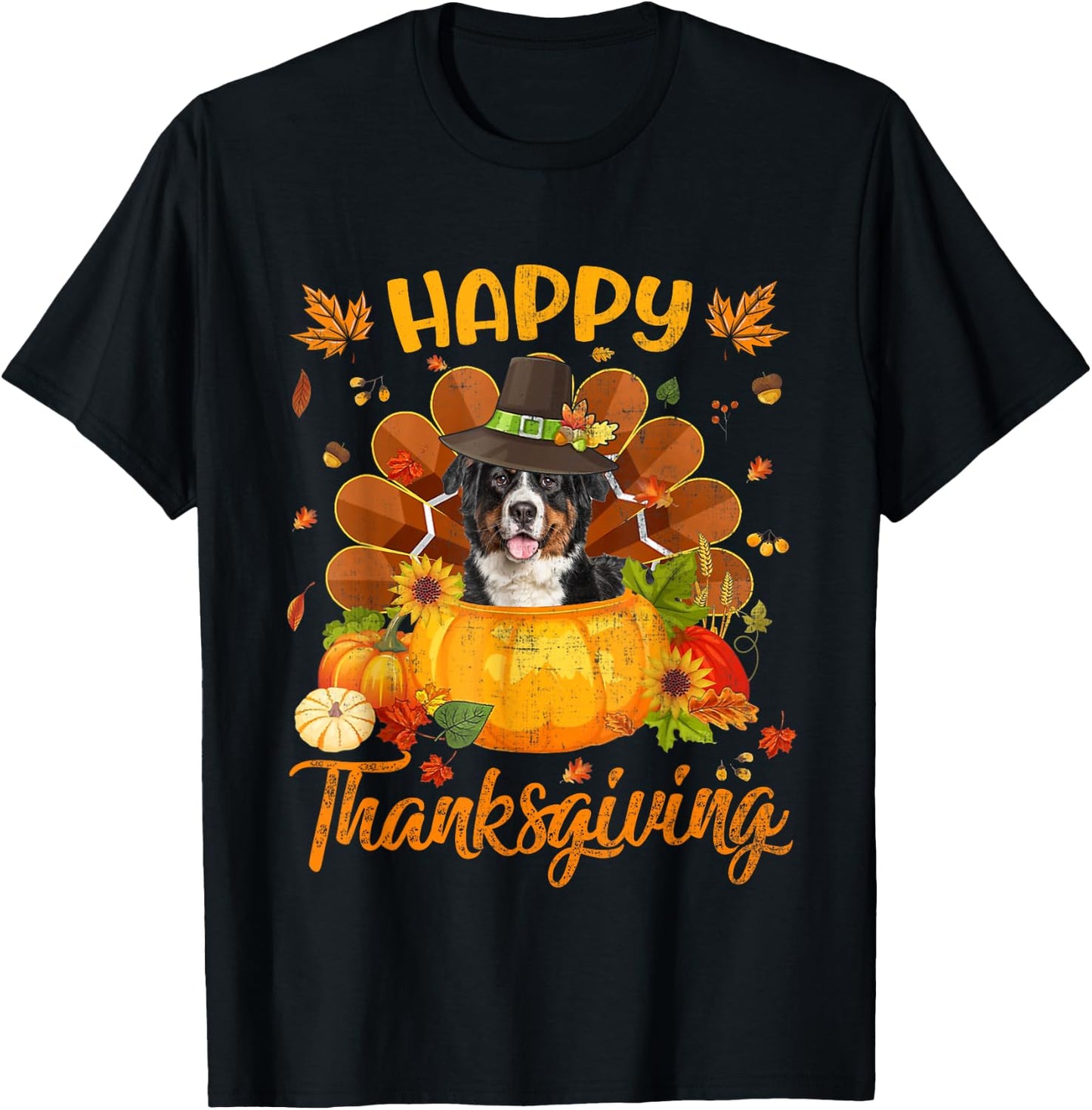 Happy Thanksgiving Bernese Mountain Dog Turkey Pumpkin T-Shirt - T-Shirt | Black
