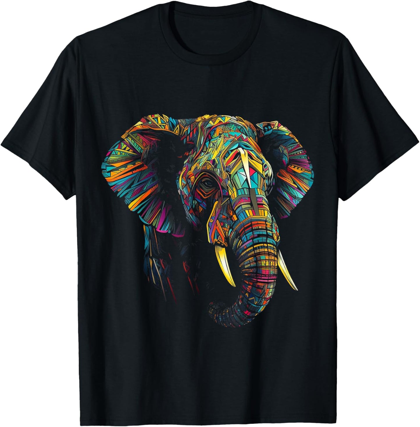 Elephant with Colourful Animal Design, black T-Shirt - T-Shirt | Black