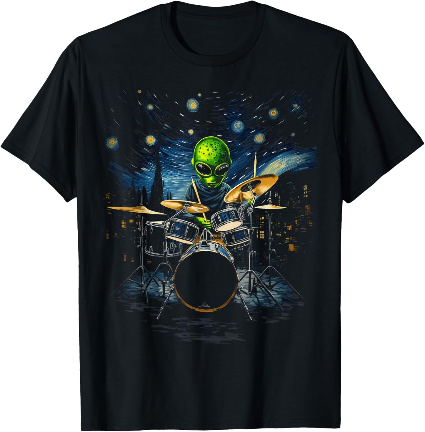 Van Gogh Alien Percussionist Drum Kit Playing Drum , Black, S T-Shirt - T-Shirt | Black