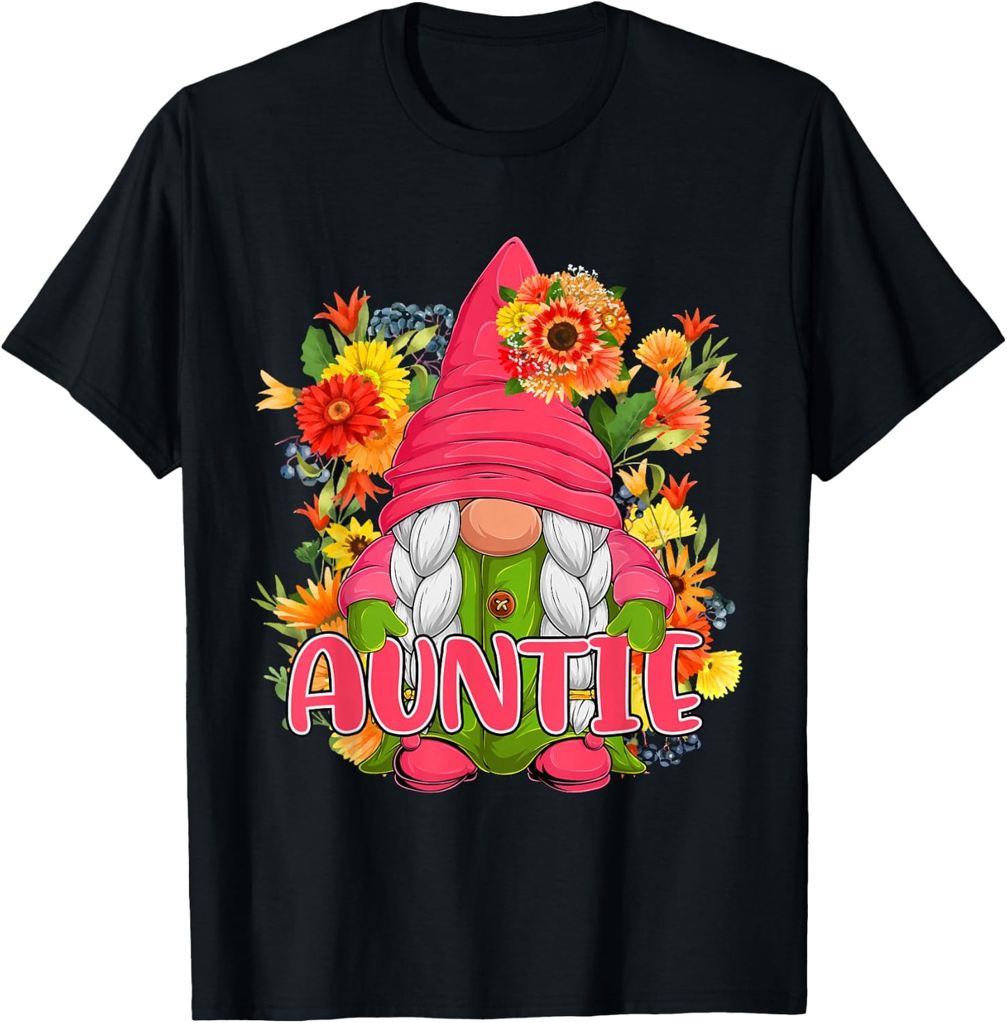 Auntie Cute Floral Flowers Gnome Costume Family Women Lover T-Shirt - T-Shirt | Black