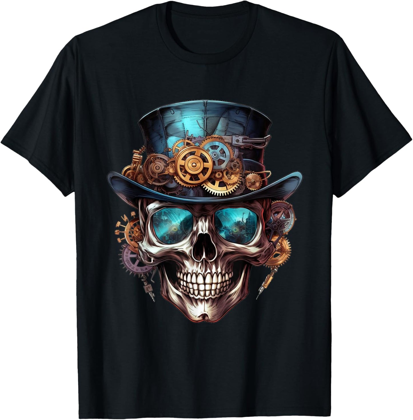 Steampunk Totenkopf Hut Zylinder Mechanik Zahnrad Cyborg T-Shirt - T-Shirt | Black