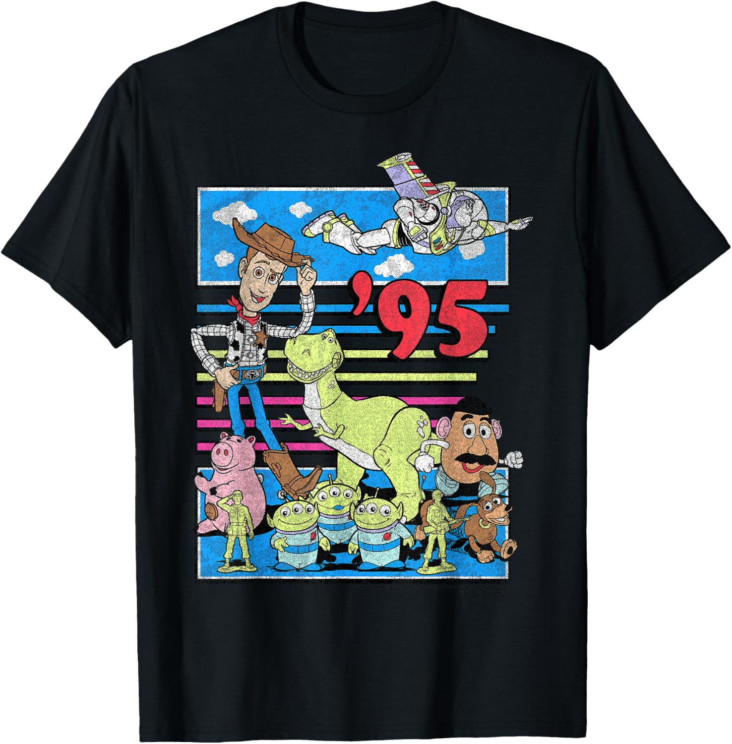 Disney Pixar Toy Story '95 Retro Distressed Colorful Group T-Shirt - T-Shirt | Black