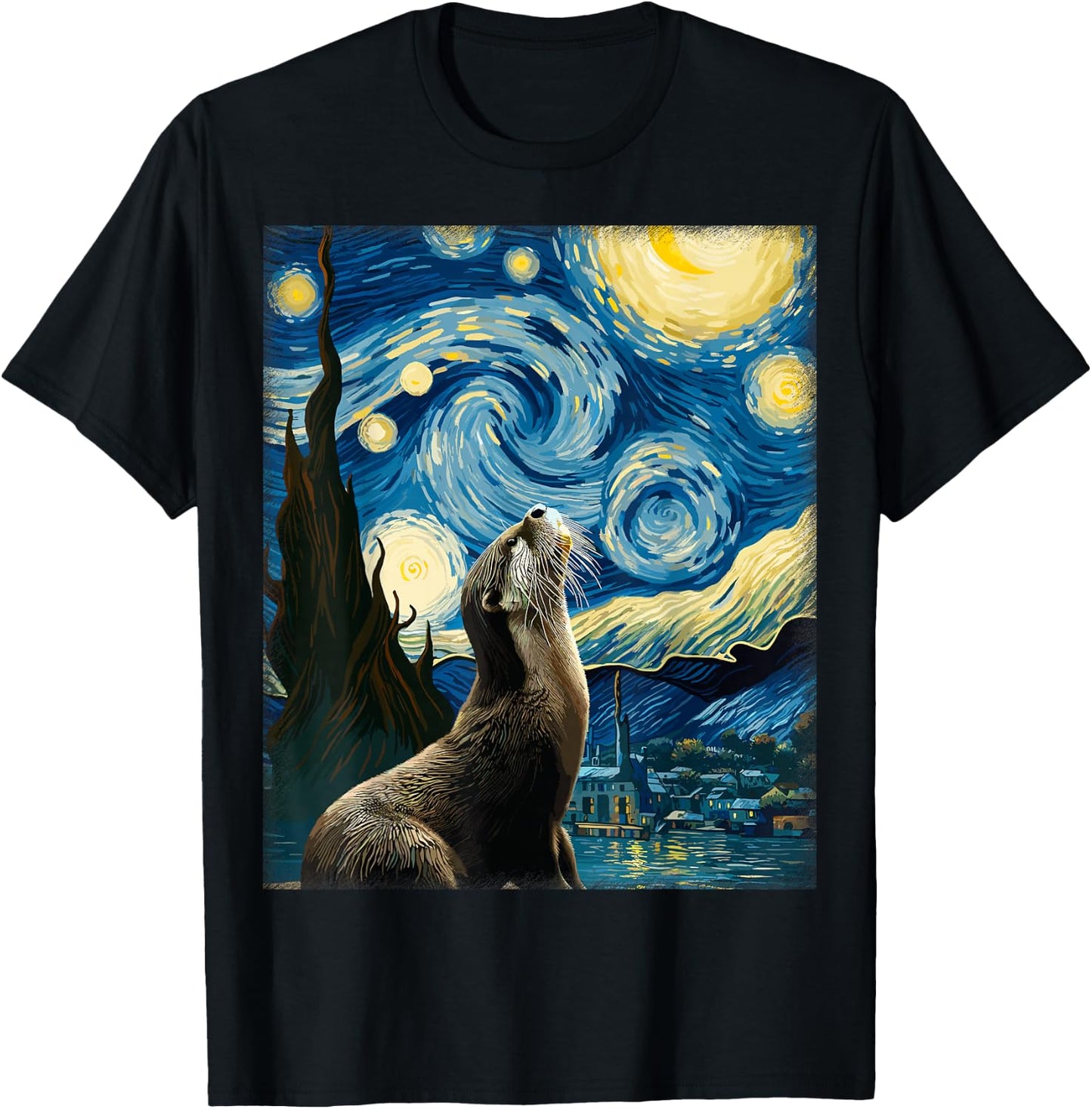 Starry Night Art Van Gogh Animal Surreal Parody Artsy Otter T-Shirt - T-Shirt | Black