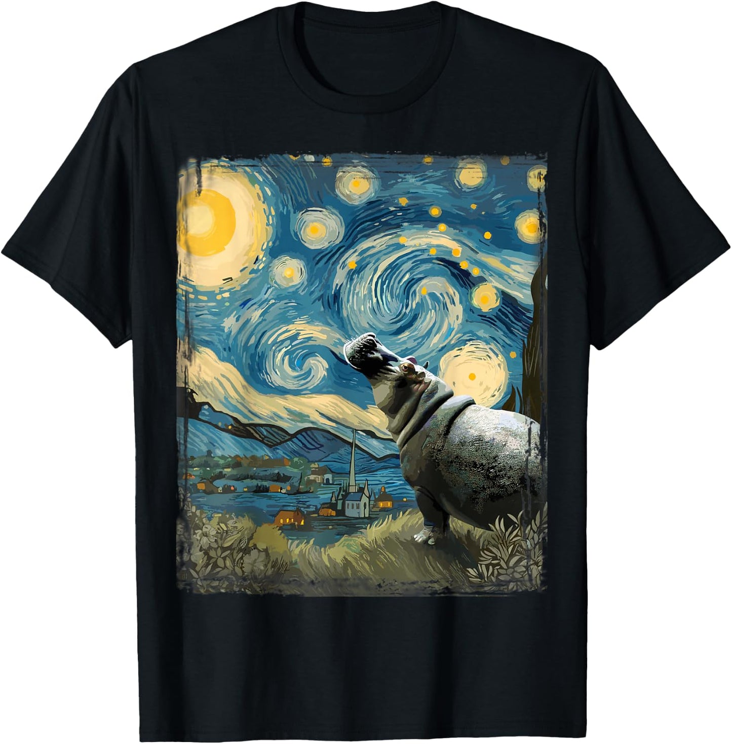 Hippo Starry Night Art Parody Funny Surreal Hippopotamus T-Shirt - T-Shirt | Black