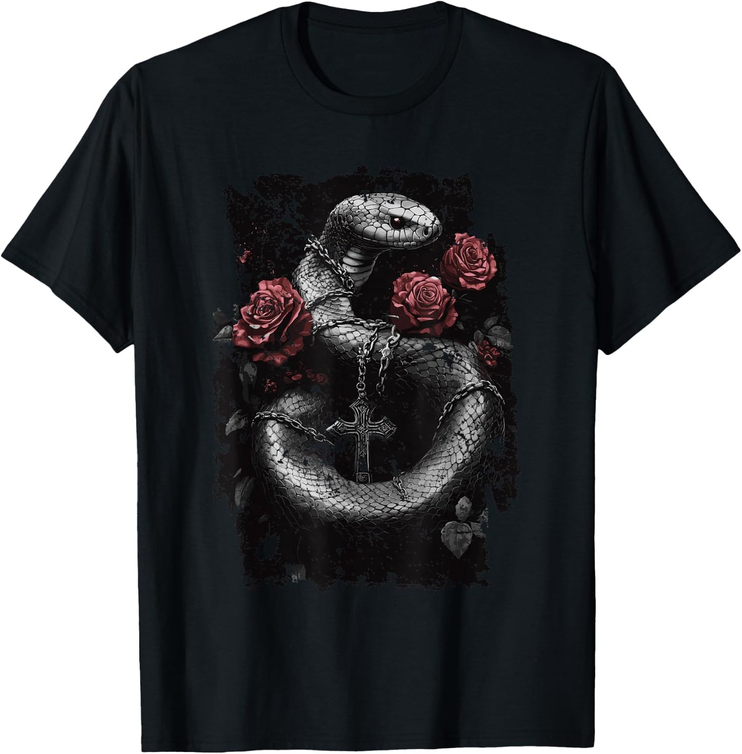 Snake with Roses and Cross - Gothic Snake T-Shirt - T-Shirt | Black