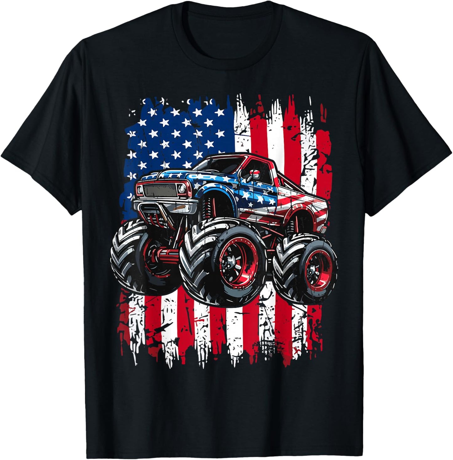 Monster Truck USA Flag American T-Shirt - T-Shirt | Black