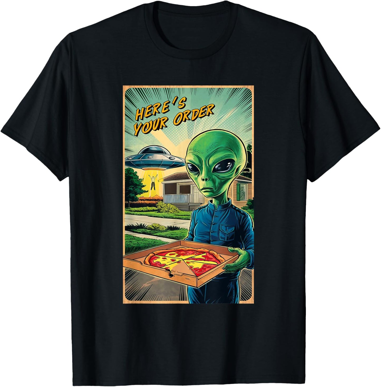 Funny Alien Delivery Pizza UFO Alien Eating Pizza T-Shirt - T-Shirt | Black