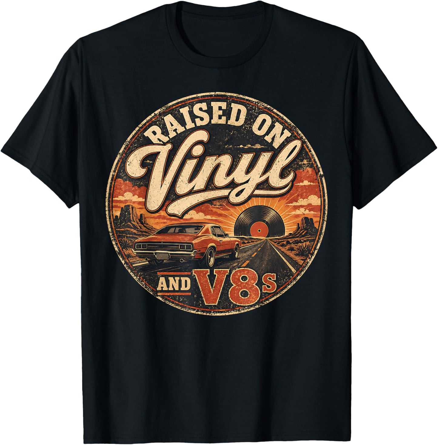 Raised On Vinyl and V8s Car Lover Retro Design T-Shirt - T-Shirt | Black