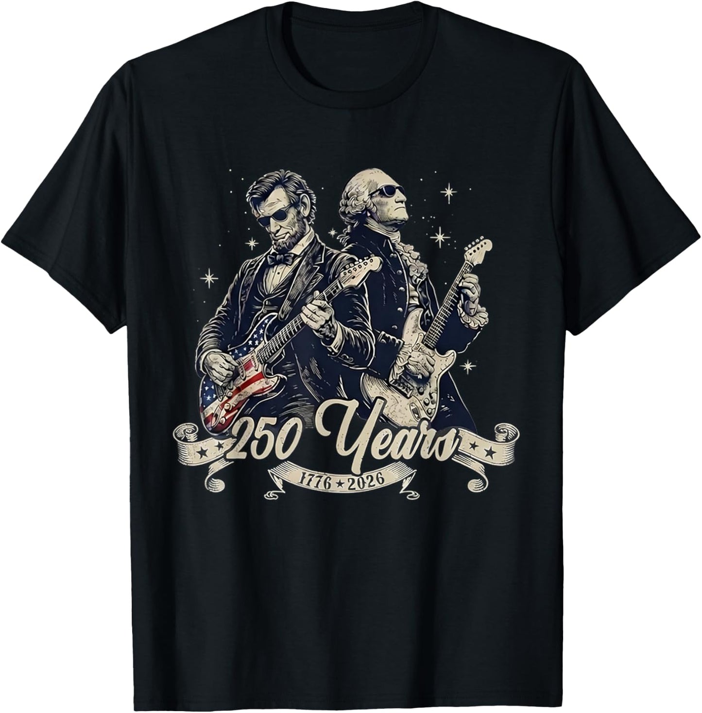 Patriotic 250th George Washington Abe Lincoln Playing Guitar T-Shirt - T-Shirt | Black