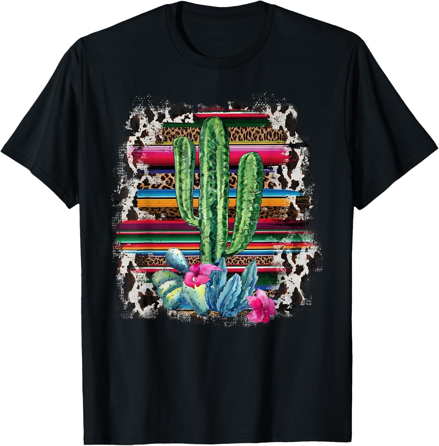 Funny Leopard Cactus Serape Cactus print Turquoise Western T-Shirt - T-Shirt | Black