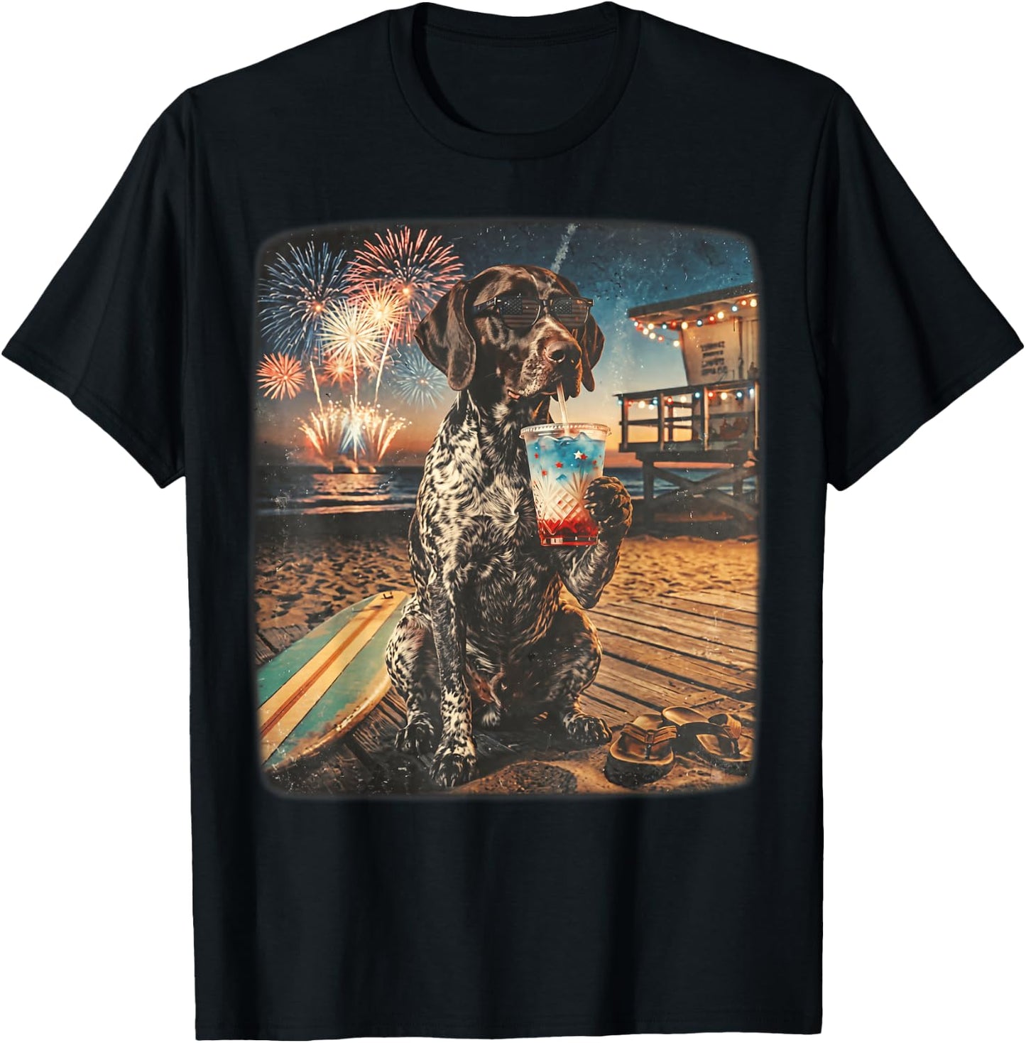 German Shorthaired Pointer Patriotic Beach Fireworks Dog Art T-Shirt - T-Shirt | Black