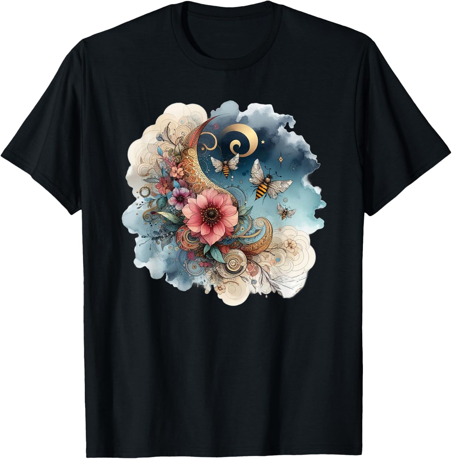 Floral Bee Watercolor Botanical Garden Moon Stars Graphic T-Shirt - T-Shirt | Black