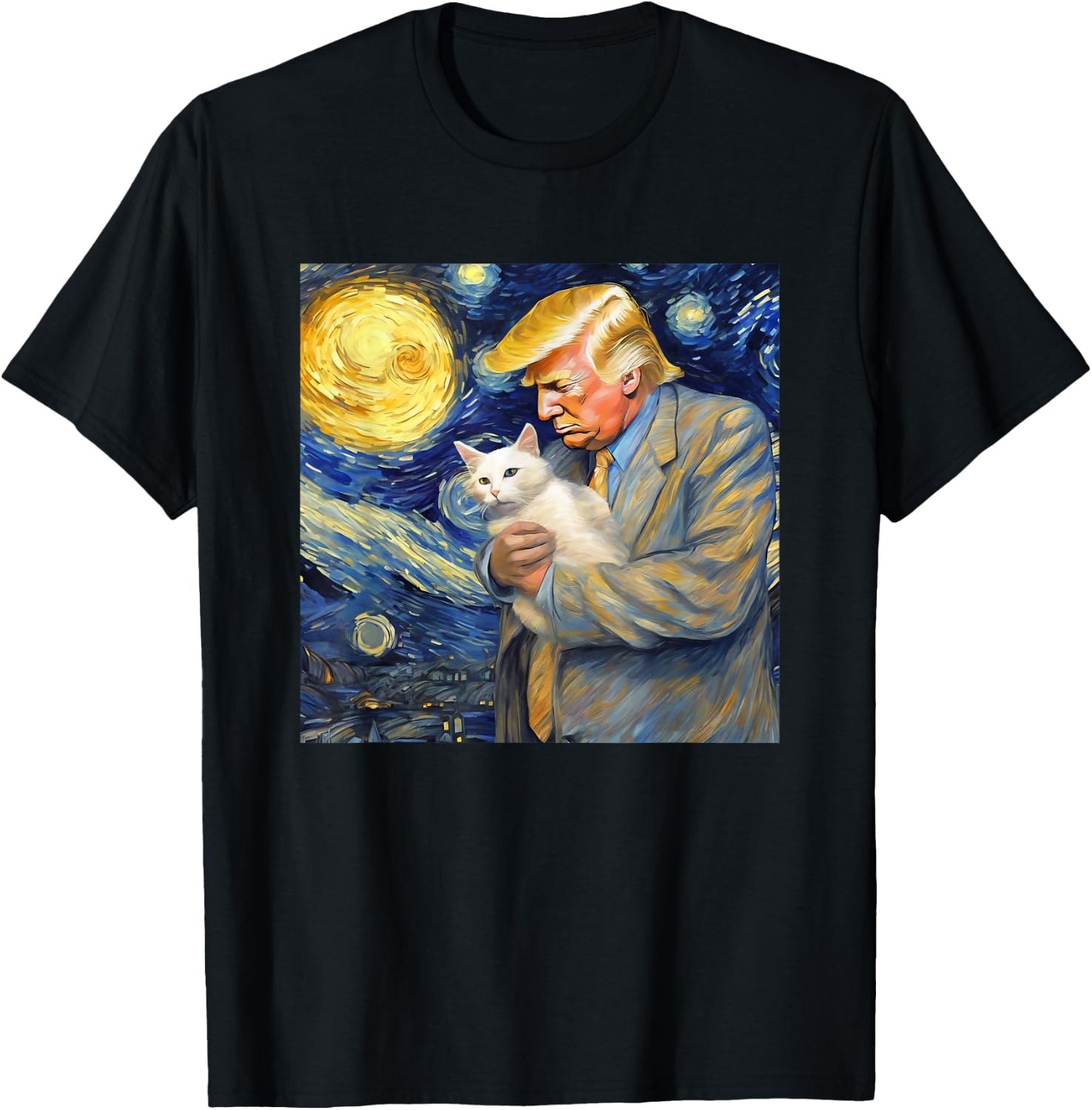 Starry Night Painting with Cat and Donald Trump Van Gogh T-Shirt - T-Shirt | Black