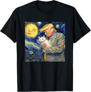 Starry Night Painting with Cat and Donald Trump Van Gogh T-Shirt - T-Shirt | Black