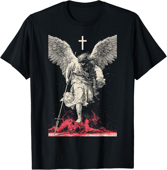 Saint Michael Archangel Urban Streetwear Heavy Metal Y2K T-Shirt - T-Shirt | Black