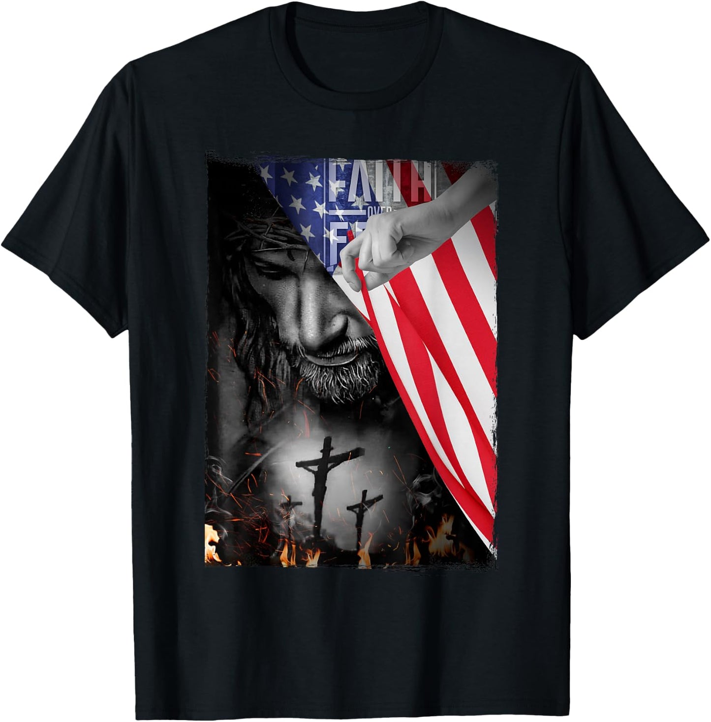 Faith Over Fear, Jesus American Flag Patriot Christian Gift T-Shirt - T-Shirt | Black