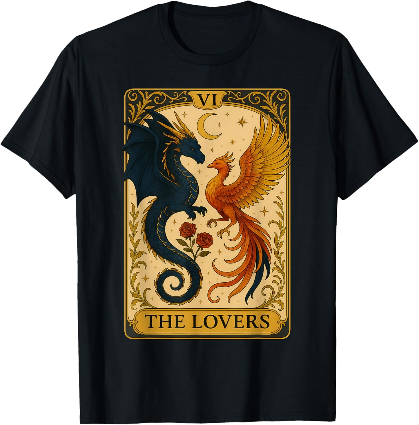 The Lovers Vintage Tarot Card Phoenix Dragon Fantasy Lover T-Shirt - T-Shirt | Black