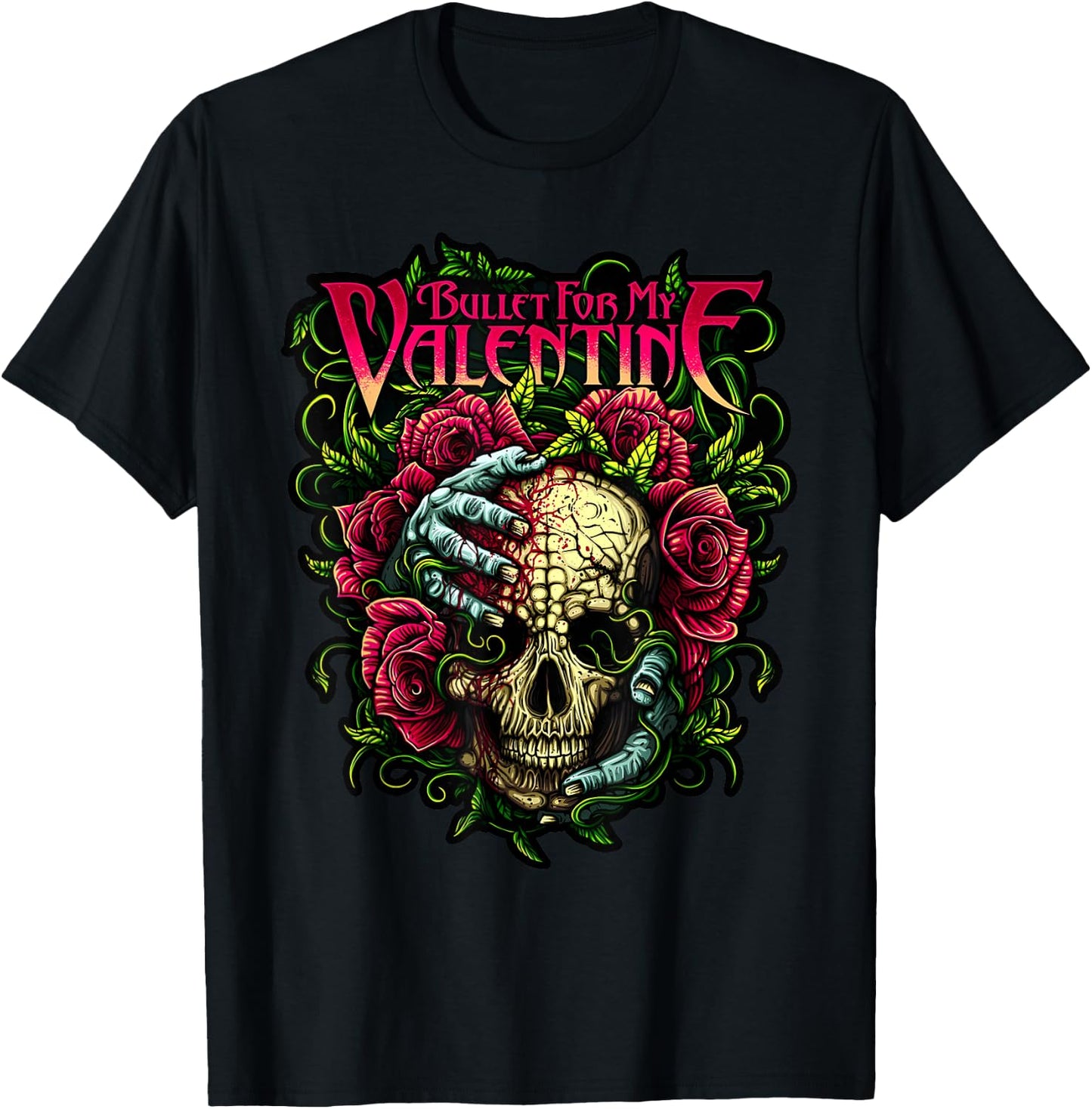 Funny Bullet My Valentine Horror with Skull, Roses and Red Blood T-Shirt - T-Shirt | Black