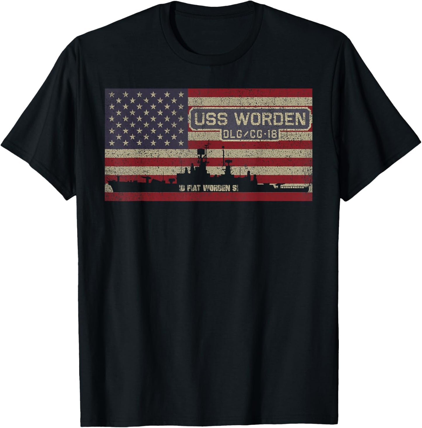 USS Worden DLG-18 Destroyer CG-18 Cruiser Ship American Flag T-Shirt - T-Shirt | Black
