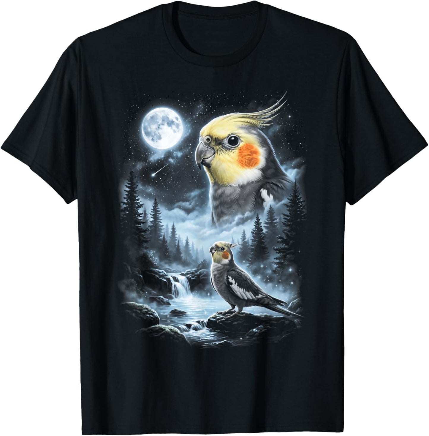 Cockatiel Howling at Moon 90's Retro Parrot T-Shirt - T-Shirt | Black