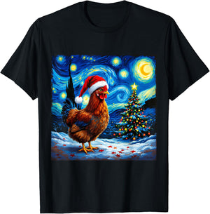 Christmas Chicken Santa Hat Van Gogh Starry Night Holiday T-Shirt - T-Shirt | Black