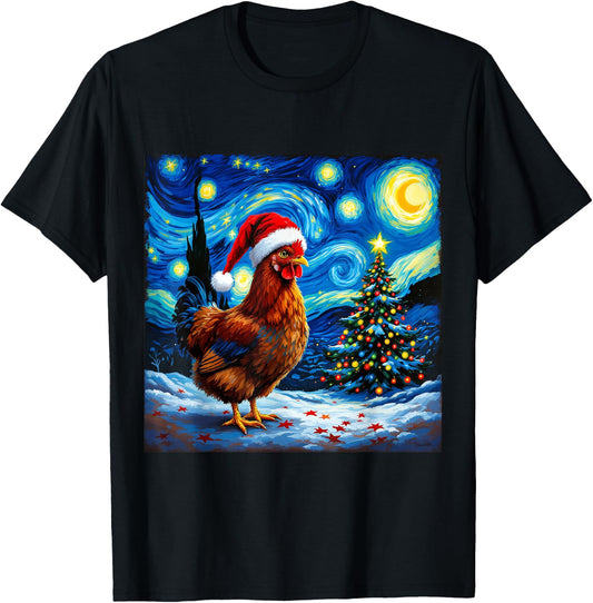 Christmas Chicken Santa Hat Van Gogh Starry Night Holiday T-Shirt - T-Shirt | Black